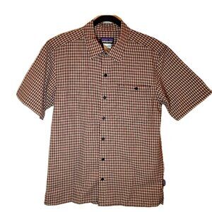 Patagonia Short Sleeve Button Up Red/Black/Khaki Buckshot Plaid Pucker Medium
